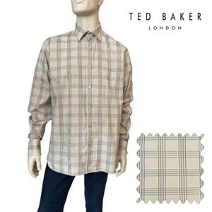 Ted Baker London Dress Shirt French Cuff Beige Multi Colour Pastel Stripes Check